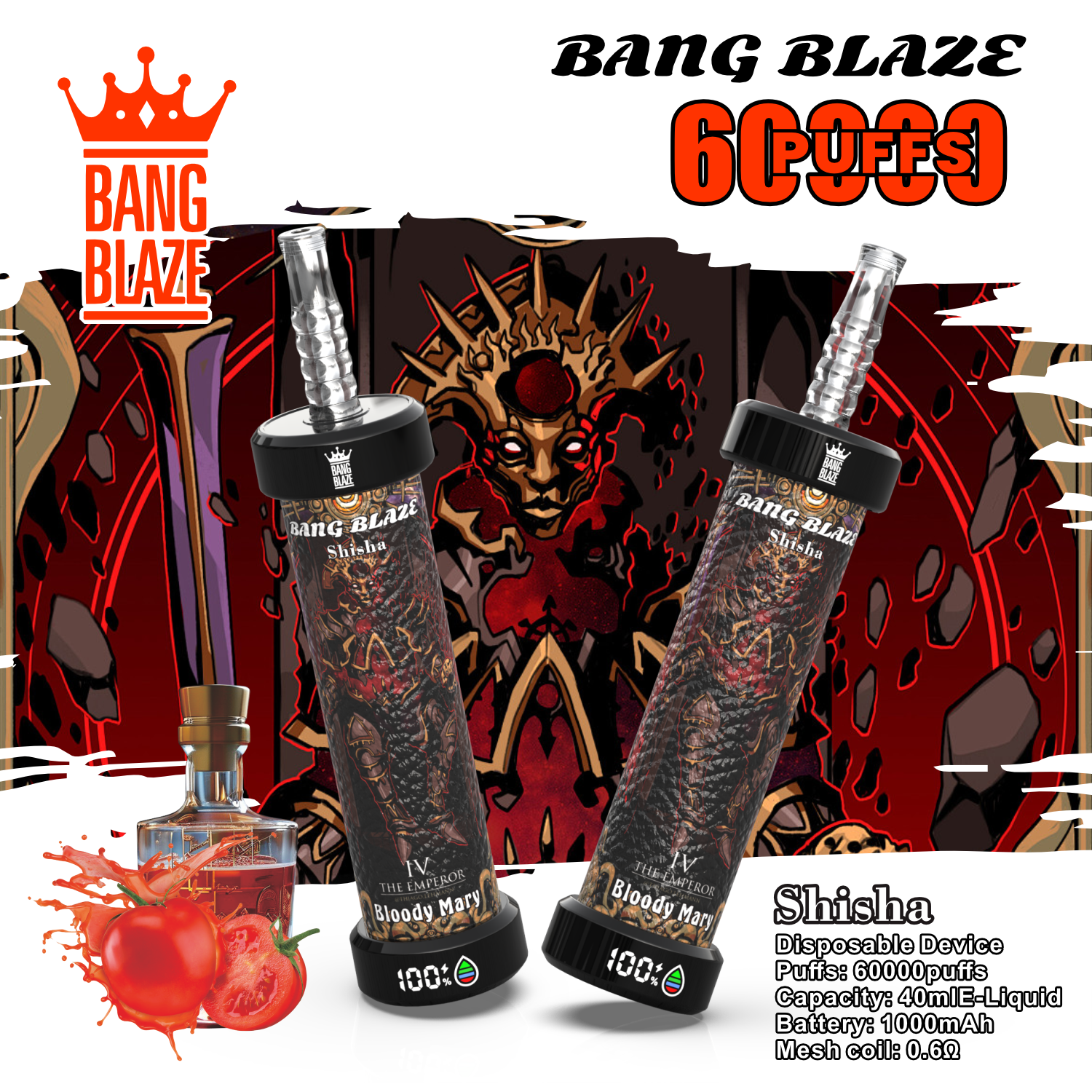 Bang Blaze Shisha 60000 Shisha Hookah Rechargeable Disposable Vape - Bloody Mary Bang Blaze Shisha 60000 Shisha Hookah Rechargeable Disposable Vape - Bloody Mary