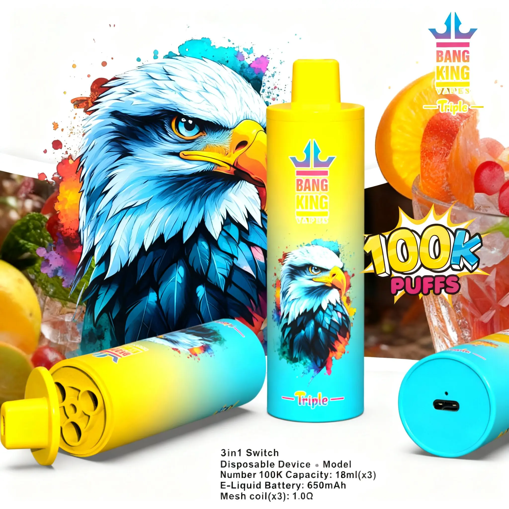 Bang King Triple 100000 Triple Flavor Rechargeable Disposable Vape - Lemon Lime + Strawberry Watermelon + Blueberry Ice Bang King Triple 100000 Triple Flavor Rechargeable Disposable Vape - Lemon Lime + Strawberry Watermelon + Blueberry Ice