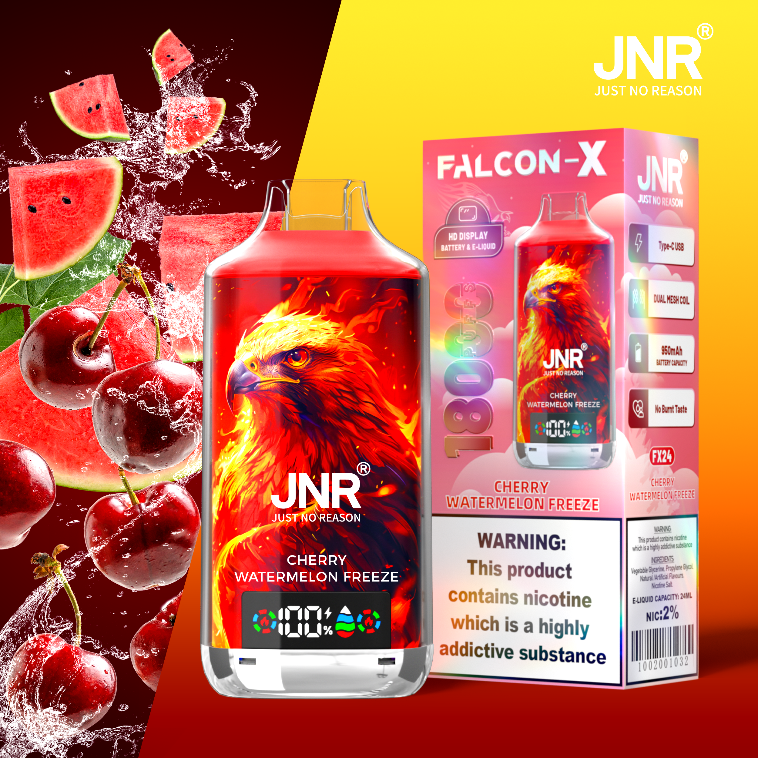 JNR Falcon X 18000 Rechargeable Disposable Vape - Cherry Watermelon Freeze JNR Falcon X 18000 Rechargeable Disposable Vape - Cherry Watermelon Freeze