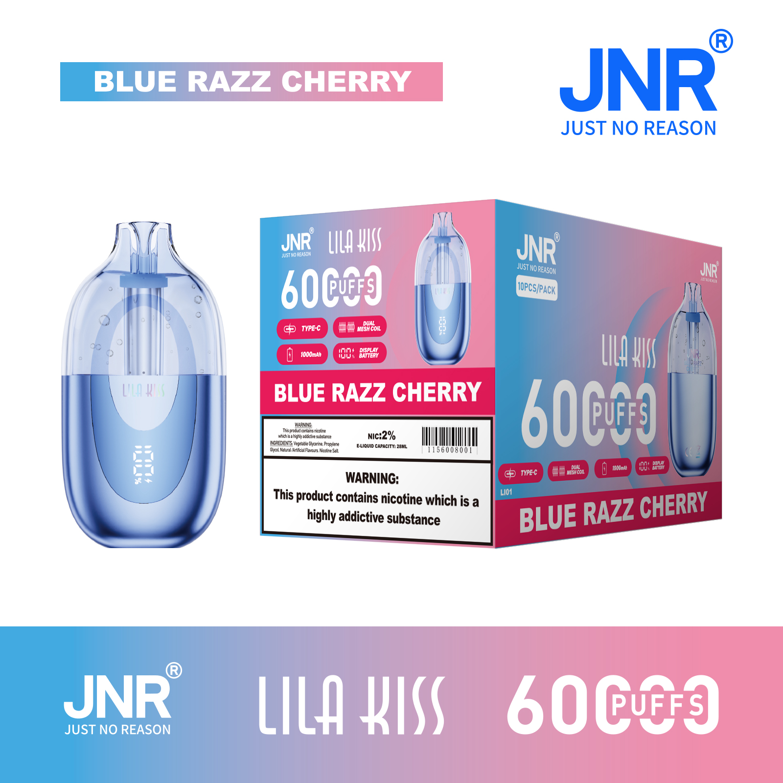 JNR Lira Kiss 60K Rechargeable Disposable Vape - Blue Razz Cherry JNR Lira Kiss 60K Rechargeable Disposable Vape - Blue Razz Cherry