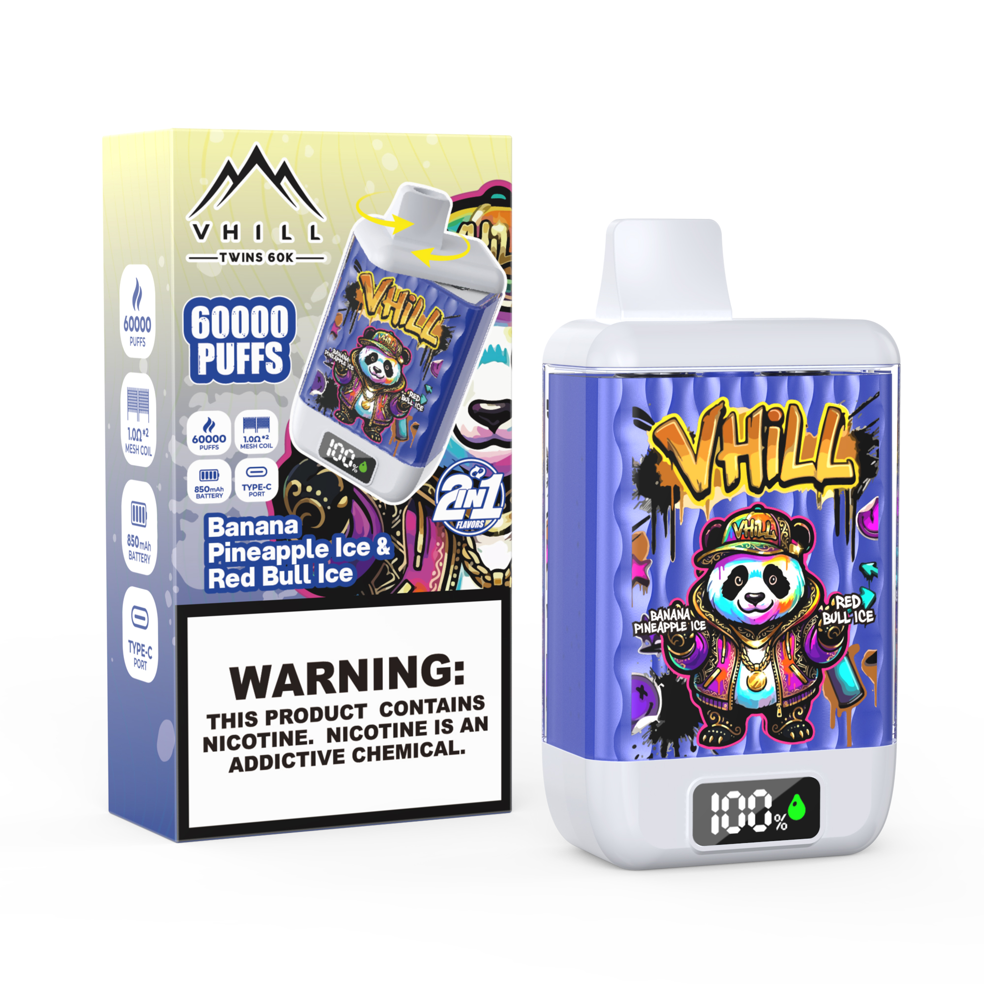 VHILL TWINS 60K Dual Flavor Rechargeable Disposable Vape - Banana Pineapple Lce & Red Bull Ice VHILL TWINS 60K Dual Flavor Rechargeable Disposable Vape - Banana Pineapple Lce & Red Bull Ice