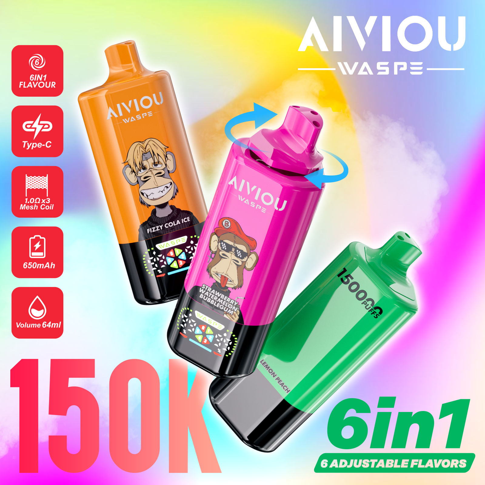WASPE Aiviou 150K 6-in-1 Switchable Flavors LED Display Disposable Vape - Product View WASPE Aiviou 150K 6-in-1 Switchable Flavors LED Display Disposable Vape - Product View